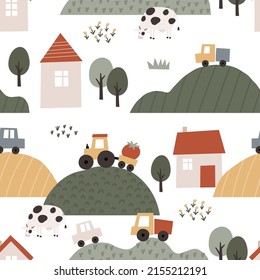 Cute Farm pets colorful collection. Hand drawn vector domestic animals set. Boho seamless pattern with three, house, horse, goose, cow, sheep, tractor, cars, vegetables. Village landscape
