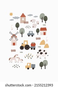 Cute Farm pets colorful collection. Hand drawn vector domestic animals set. Boho print with three, house, horse, goose, cow, sheep, tractor, cars, vegetables. Village landscape