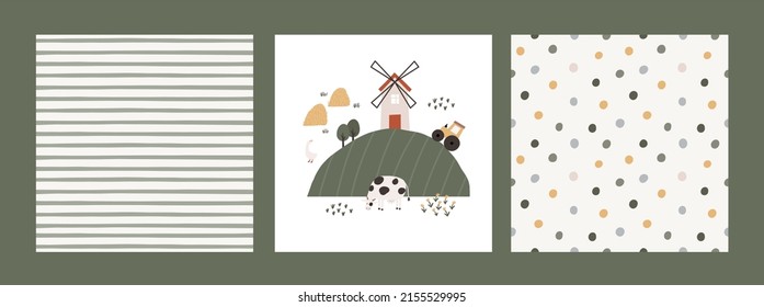 Cute Farm pets colorful collection. Hand drawn vector domestic animals set. Boho seamless pattern with three, house, horse, goose, cow, sheep, tractor, cars, vegetables. Village landscape