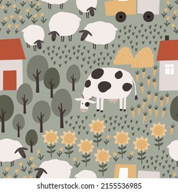 Cute Farm pets colorful collection. Hand drawn vector domestic animals set. Boho seamless pattern with three, house, horse, goose, cow, sheep, tractor, cars, vegetables. Village landscape