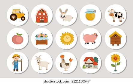 Cute farm round cards set with tractor, barn, farmer, cow. Vector country village highlight icons animals, birds, fruit, honey, sunflower. Countryside design for tags, ads, social media, local market
