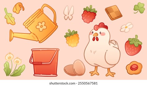 Cute farm scene with plump chicken beside fresh eggs, watering can with flower, red bucket, berries and leaves. Rustic cottagecore aesthetics or garden themed designs. Countryside lifestyle elements.