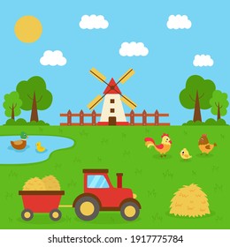 Cute farm scene in summertime. Tractor in the field. Domestic birds in farm landscape. 