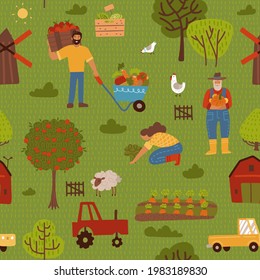 Cute farm seamless pattern with tractors, carrots, fence, apple trees and people. Repeating background for kids. Farming backdrop for wrapping paper, fabric, kids decor. Flat vector illustration.