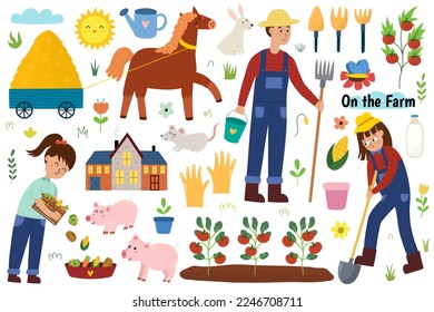 Cute farm set with animals and kids farmers. Horse carrying hay, girl feeding pigs, tomato plants and other isolated elements. Agriculture collection for baby and children design. Vector illustration