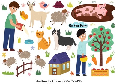 Cute farm set with animals and kids farmers. Countryside life elements collection in cartoon style. Pig in the mud, boy picking apples, goat, sheepdog and other elements. Vector illustration