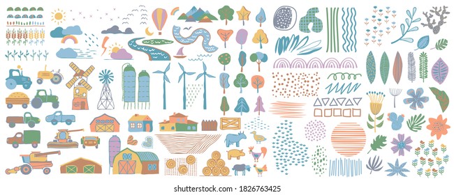 Cute farm set. Farm drawings collection. Cute set of village life and objects for a poster, banner or postcard, freehand drawings of animals, trees, traсtor and house.