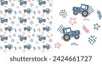 cute farm tractor and star seamless pattern. blue tractor kids graphic design. for kids textile print design. baby boy graphic