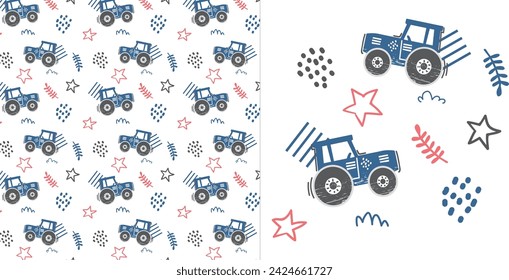 cute farm tractor and star seamless pattern. blue tractor kids graphic design. for kids textile print design. baby boy graphic