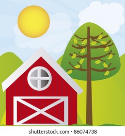 cute farm with tree and mountains over landscape background. vector