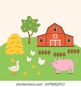 Cute farm vector illustration. Barn, pig, haystack, chickens, goose. Children's illustration with farm animals. Farm landscape.