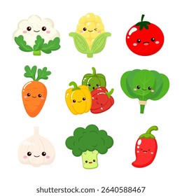 Cute farm vegetables, cauliflower, corn, tomato, carrot, bell pepper, spinach, garlic, broccoli, chili