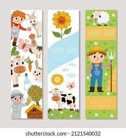 Cute farm vertical cards set with farmer, caw, sunflower, beekeeper, hen. Vector country village vertical print templates. Countryside bookmark design for tags, postcards, ads, local market
