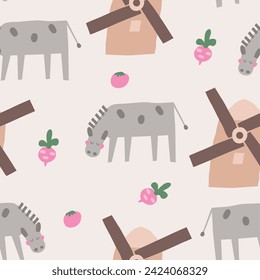 Cute farm, village, countryside theme seamless pattern. Funny hand drawn doodle repeatable pattern with donkey, windmill, beet, fruits. Rural life background with farm animals