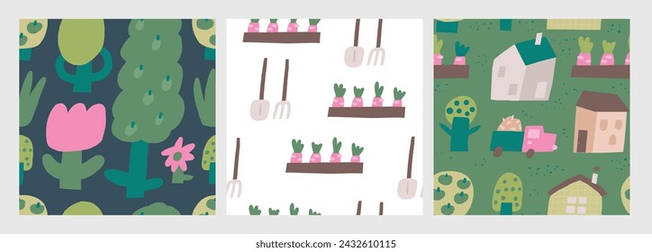 Cute farm, village, countryside theme seamless patterns set. Funny hand drawn doodle repeatable pattern with flower, plants, tree, houses, carrot. Rural life background with farm animals