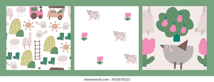 Cute farm, village, countryside theme seamless patterns set. Funny hand drawn doodle repeatable pattern with bird, fruit tree, flower, rabbit, bunny, cow, goose. Rural life background with farm animal