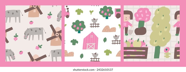 Cute farm, village, countryside theme seamless patterns set. Funny hand drawn doodle repeatable pattern with farmer, donkey, fruit tree, barn, apple. Rural life background with farm animals