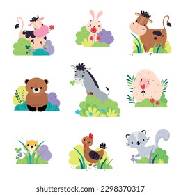 Cute farm and wild animals in bushes set. Adorable bear, bunny, chipmunk, raccoon, sheep, hen, cow on nature cartoon vector illustration