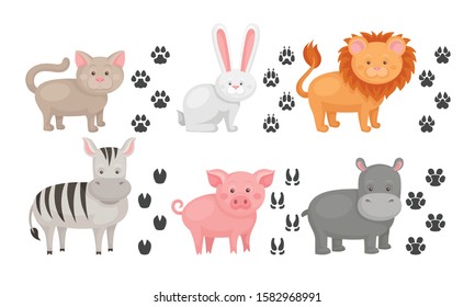 Cute Farm and Wild Animals and Their Paw Fingerprints Collection, Cat, Hare, Lion, Zebra, Pig, Hippo Vector Illustration