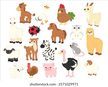 Cute Farm and Wildlife Animal Cartoon Vector Illustration Set - Hand-drawn Collection Featuring Llama, Alpaca, Sheep, Goat, Zebra, Horse, Deer, Ostrich, Pig, Bunny, Turkey, Hamster, Mouse, and Ladybug