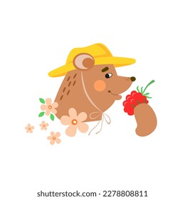 Cute farmer bear wearing straw sun hat against the background of  blooming raspberry bush sniffing, holding in his paw, eating ripe raspberry berry. Side view. Children's cartoon vector illustration.