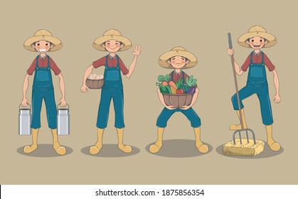 Cute farmer boy character in four action poses, vector illustration in cartoon style