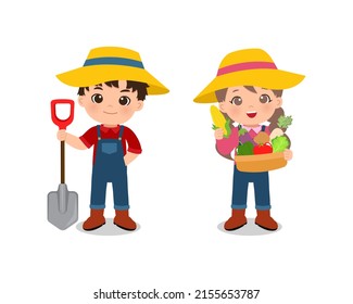 Cute farmer boy and girl with fresh vegetables clipart. Flat vector cartoon design