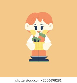 Cute Farmer Boy Holding a Basket Full of Vegetables. Cartoon Chibi Vector Flat Design Illustration 