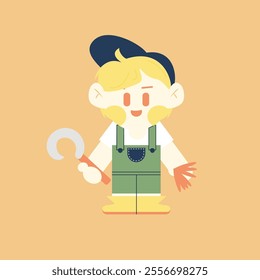 Cute Farmer Boy Holding Sickles and Plants. Cartoon Chibi Vector Flat Design Illustration