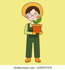Cute Farmer Boy Illustration Carrying Plant