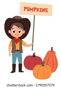 Niño granjero vendiendo calabazas. Ilustración vectorial para postales, banners, tarjetas.