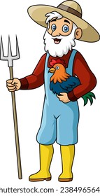 Cute farmer cartoon holding chicken