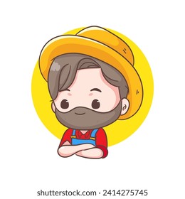 Cute farmer cartoon vector. Gardener in uniform crossed arm. Farming and agriculture concept design. Chibi style illustration. Isolated white background. Icon logo mascot