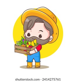 Cute farmer cartoon vector. gardener in uniform holds basket of ripe vegetables and fruits. Farming and agriculture concept design. Chibi style illustration. Isolated white background. Icon logo masco