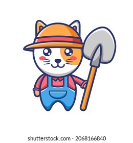Cute farmer cat character design with straw hat holding a shovel. Cute cartoon character flat design.