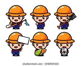 Cute farmer character design set with agricultural equipments 