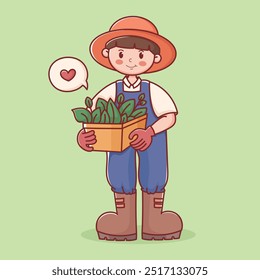 Personagem de agricultor bonito segurando a ilustração de desenhos animados da colheita fresca