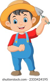 Cute farmer character holding small shovel of illustration