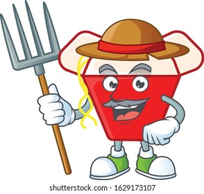 Cute Farmer chinese box noodle cartoon mascot with hat and tools