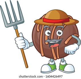 Cute Farmer chocolate praline ball cartoon mascot with hat and tools