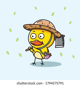 Cute farmer duck with straw hat and hoe cartoon illustration