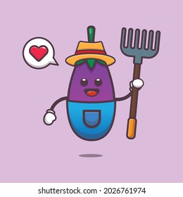 cute farmer eggplant. cute vector design character. Vector isolated flat illustration for poster, brochure, web, mascot, sticker, logo and icon. 