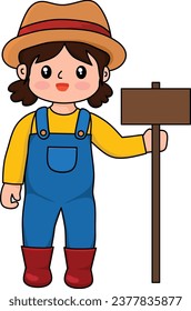 Cute Farmer Girl Hodl Sign Board, Cartoon Farmer Girl, Charming Cute Farmer Cartoon Vector Illustration