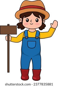 Cute Farmer Girl Hodl Sign Board, Cartoon Farmer Girl, Charming Cute Farmer Kid Cartoon Vector Illustration
