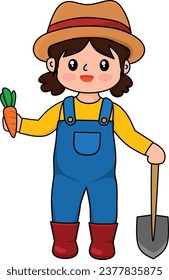 Cute Farmer Girl Hold Carrot and Shovel, Cartoon Farmer Girl, Charming Cute Farmer Kid Cartoon Vector Illustration