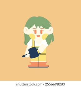 Cute Farmer Girl Holding a Plant Sprinkler. Cartoon Chibi Vector Flat Design Illustration 