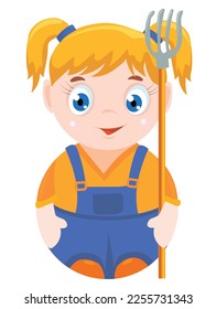 Cute farmer girl with ponytails in blue overalls. Vector isolated image on white background