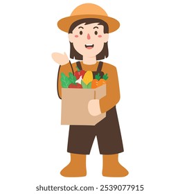cute farmer girl with vegetables illustration