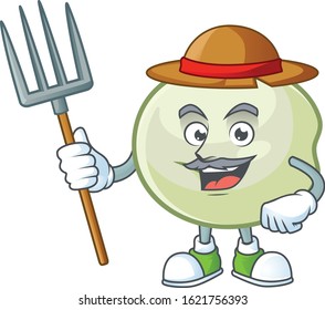 Cute Farmer green hoppang cartoon mascot with hat and tools