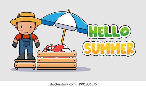 Cute farmer with hello summer greeting banner
